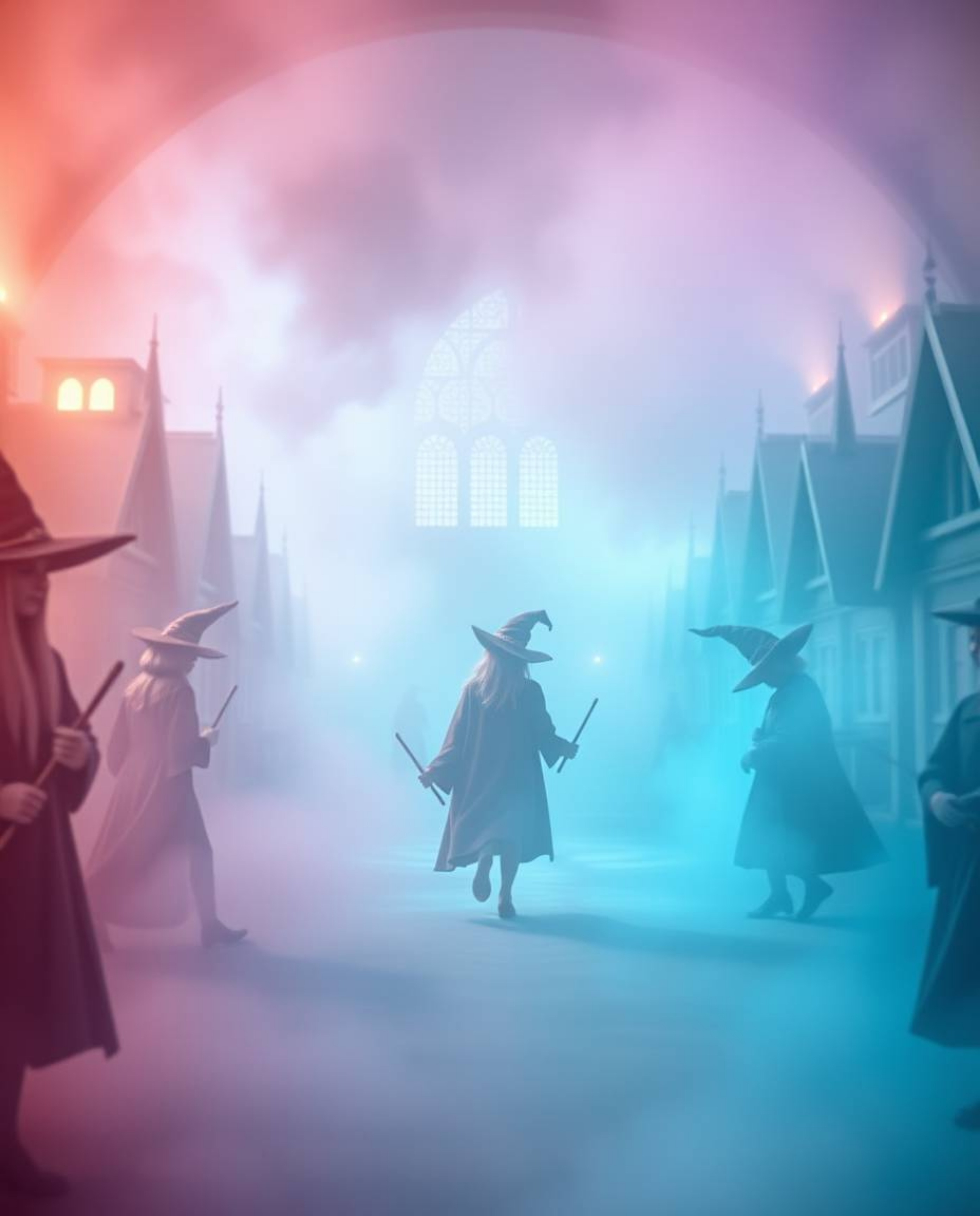 Immerse yourself in a dreamy world of soft pastel colors and cinematic haze, where a magical school filled with young wizards
