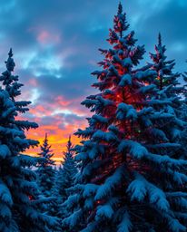 Bioluminescent teal and deep sunset hues illuminate snowy pine trees, casting a vibrant and luxurious glow. This captivating 