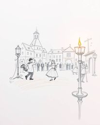 A captivating hand-drawn sketch depicts a vibrant musical performance in a bright town square, illuminated by the warm glow o