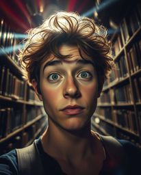 A person with a curious expression, fair skin, and tousled hair stumbles upon a hidden underground library. The scene is bath
