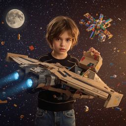 Exquisite high-fashion photography captures a boy with messy brown hair building a magnificent cardboard spaceship, complete 
