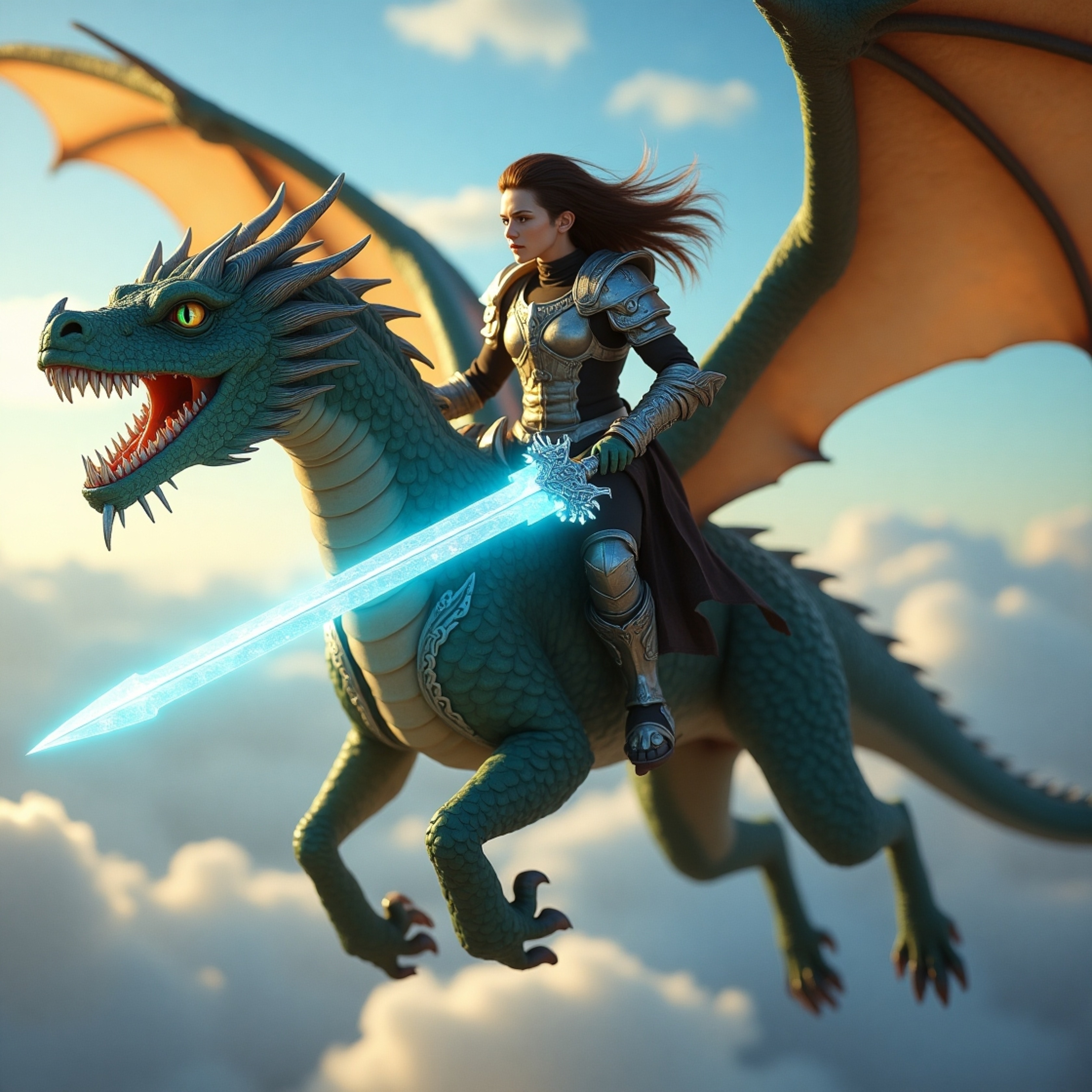 A majestic dragon rider, adorned in silver-trimmed armor, soars through a vibrant sky upon a massive, scale-glinting dragon.