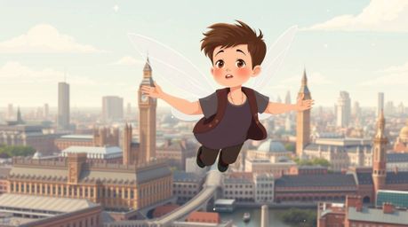 A refined young boy soars above London, propelled by simple, two-dimensional pixie dust shapes. This flat design artwork capt