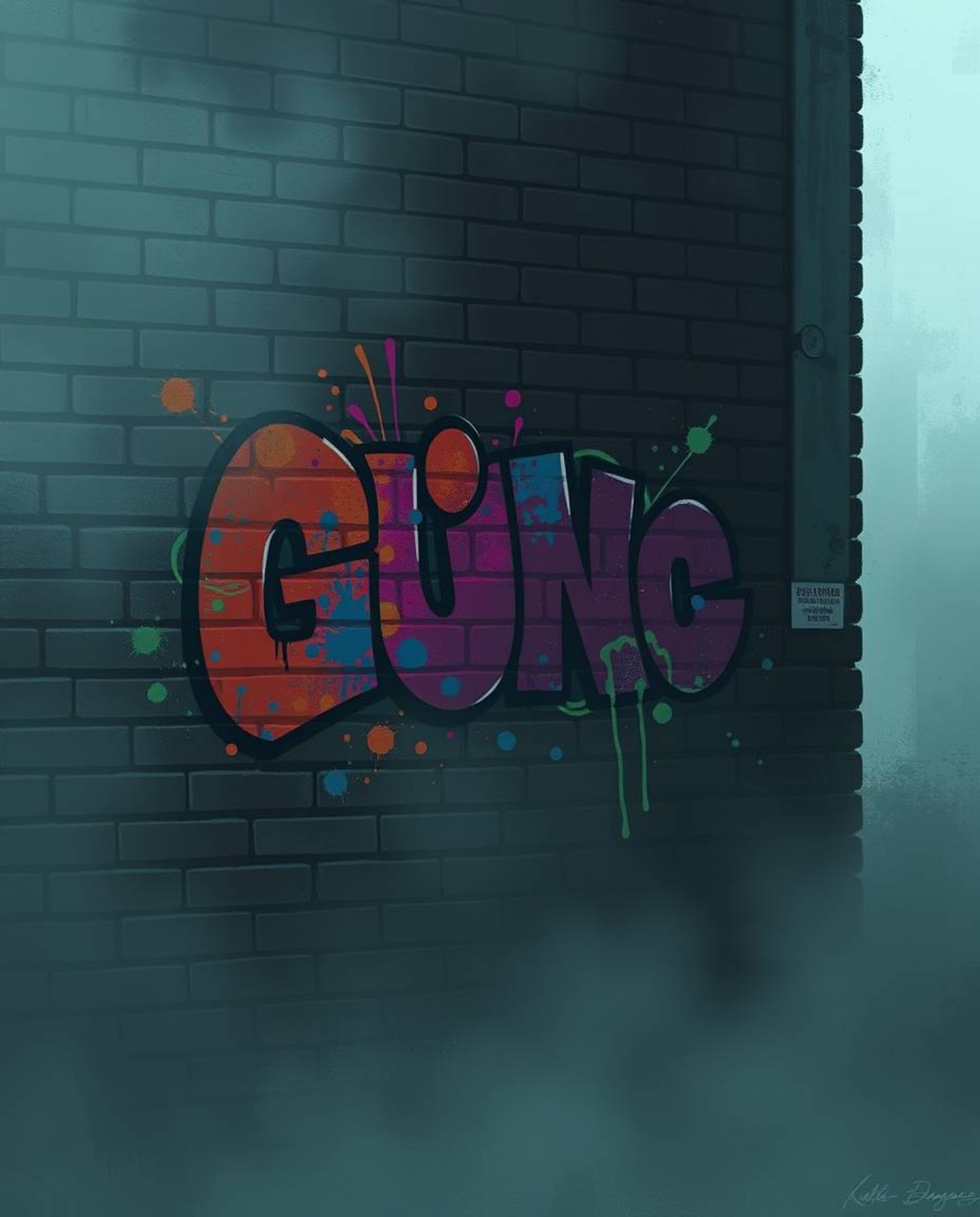 This digital painting showcases a moody and dreamy atmosphere, depicting graffiti-style colorful splashes on a brick wall. Th