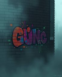 This digital painting showcases a moody and dreamy atmosphere, depicting graffiti-style colorful splashes on a brick wall. Th