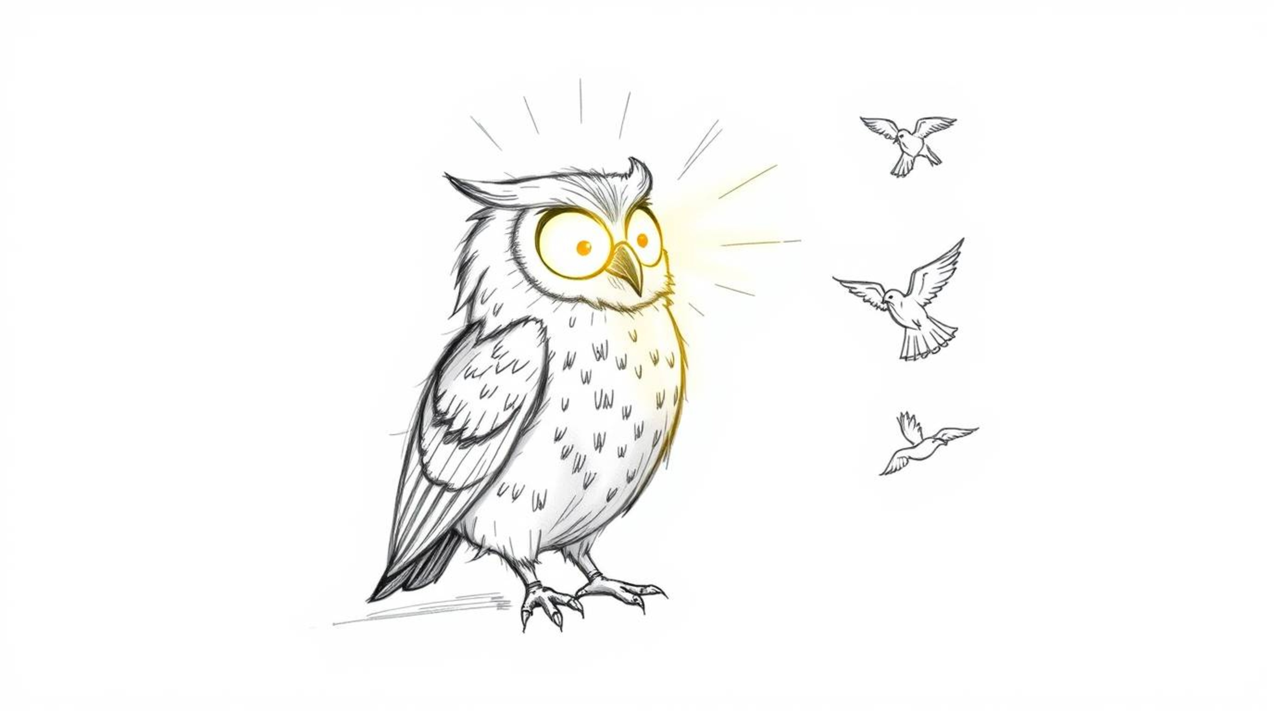 A heartwarming hand-drawn sketch in the style of Pixar depicts a blind owl with luminous feathers, bathed in a sunbeam, passi