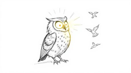 A heartwarming hand-drawn sketch in the style of Pixar depicts a blind owl with luminous feathers, bathed in a sunbeam, passi