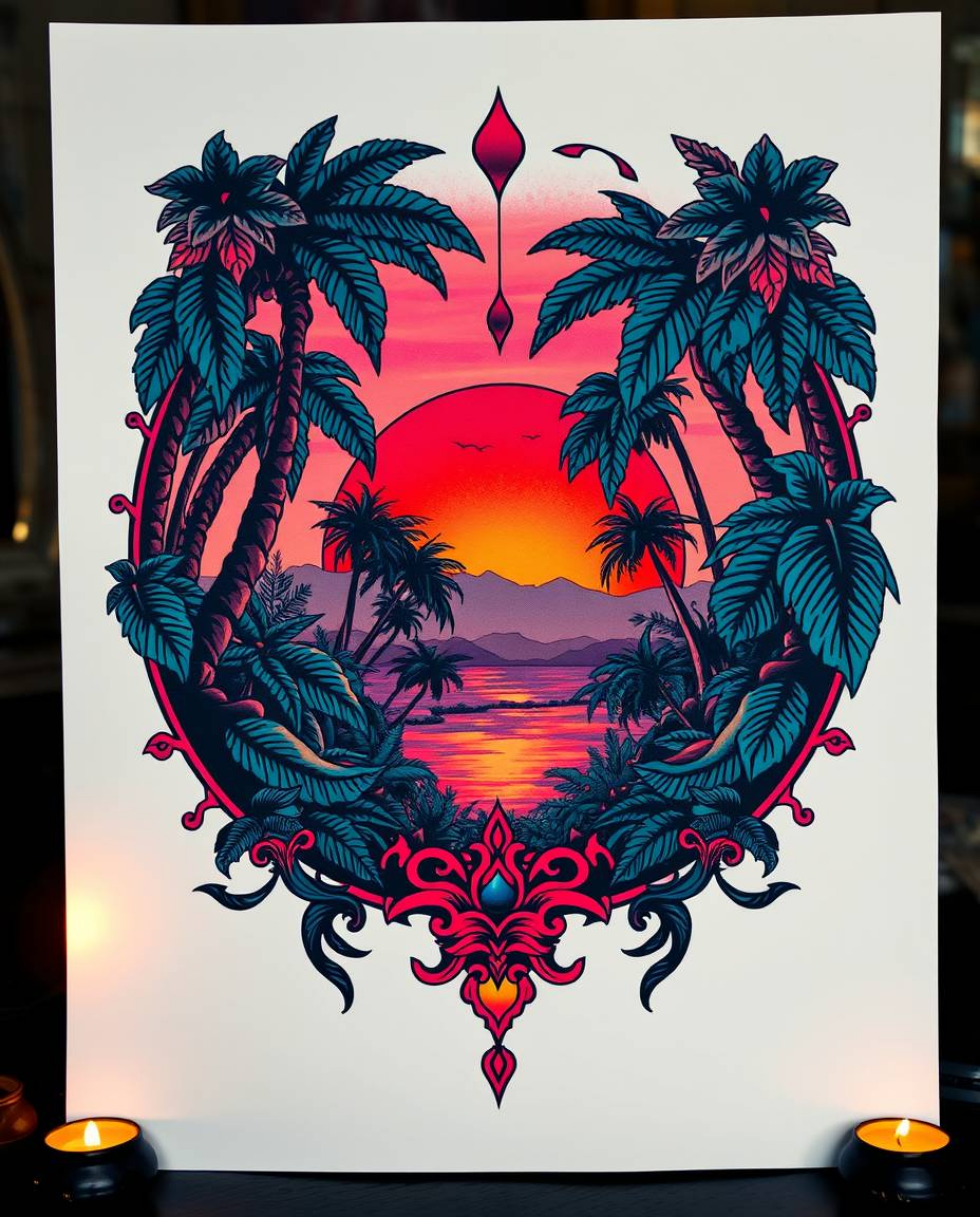 A symbolic traditional tattoo art print featuring a surreal infrared sunset viewed through a dense jungle canopy. This piece 
