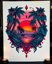 A symbolic traditional tattoo art print featuring a surreal infrared sunset viewed through a dense jungle canopy. This piece 