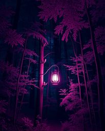 Immerse yourself in a surreal dreamscape of infrared tones, where a glowing lantern illuminates a dark and mystic forest. Thi