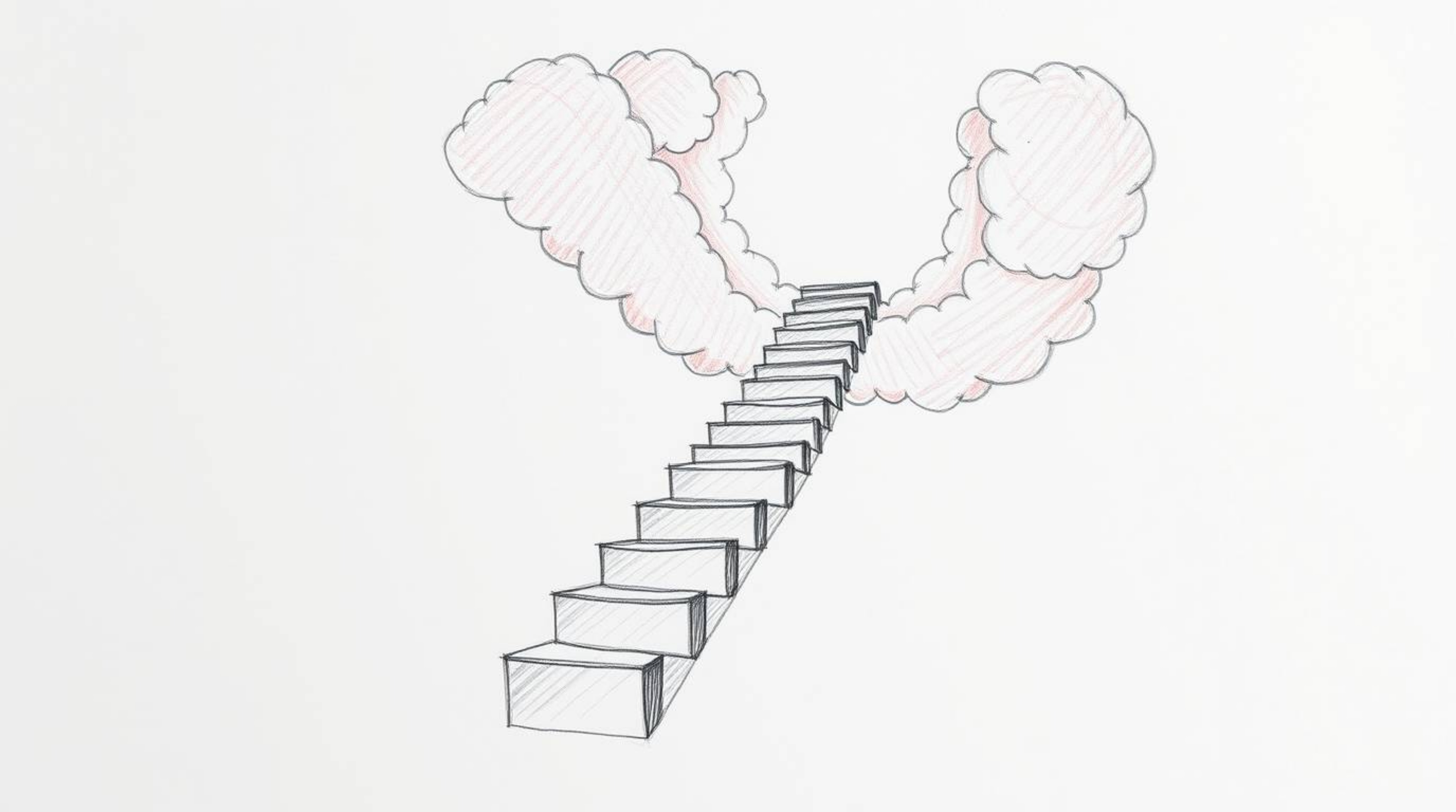 Explore a hand-drawn sketch rendered in captivating infrared tones, showcasing a surreal stairway suspended amidst smoky clou