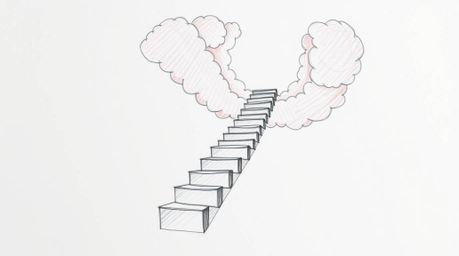 Explore a hand-drawn sketch rendered in captivating infrared tones, showcasing a surreal stairway suspended amidst smoky clou