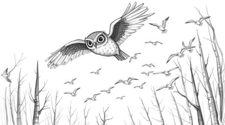A captivating hand-drawn sketch in the style of Pixar depicts a blind owl, its feathers meticulously detailed, guiding a floc