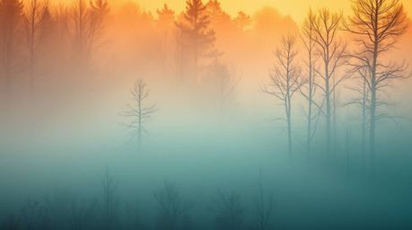 Explore a visually captivating scene featuring warm terracotta and cool teal tones, reminiscent of mist rising from a forest 