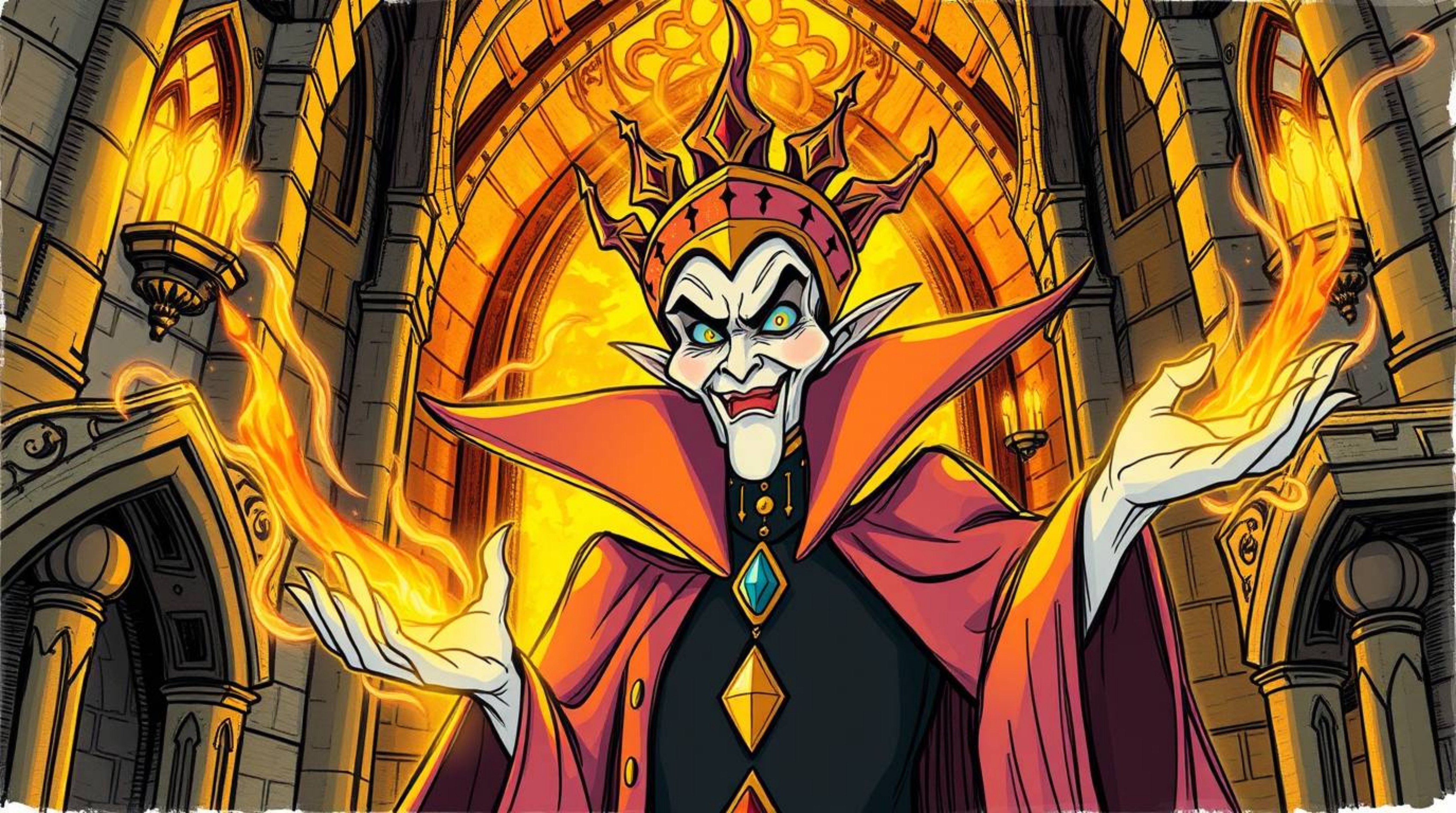 This artwork depicts a classic Disney villain, regal and imposing, casting a powerful spell within the confines of an ancient