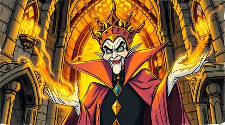 This artwork depicts a classic Disney villain, regal and imposing, casting a powerful spell within the confines of an ancient