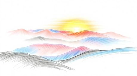 A captivating hand-drawn sketch depicting fog-covered hills bathed in the warm glow of a breaking sunset.  The artwork featur