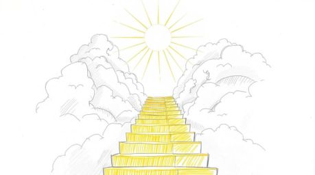 A hand-drawn pencil sketch depicts a golden staircase gracefully ascending through clouds towards a radiant heaven. Sunlight 