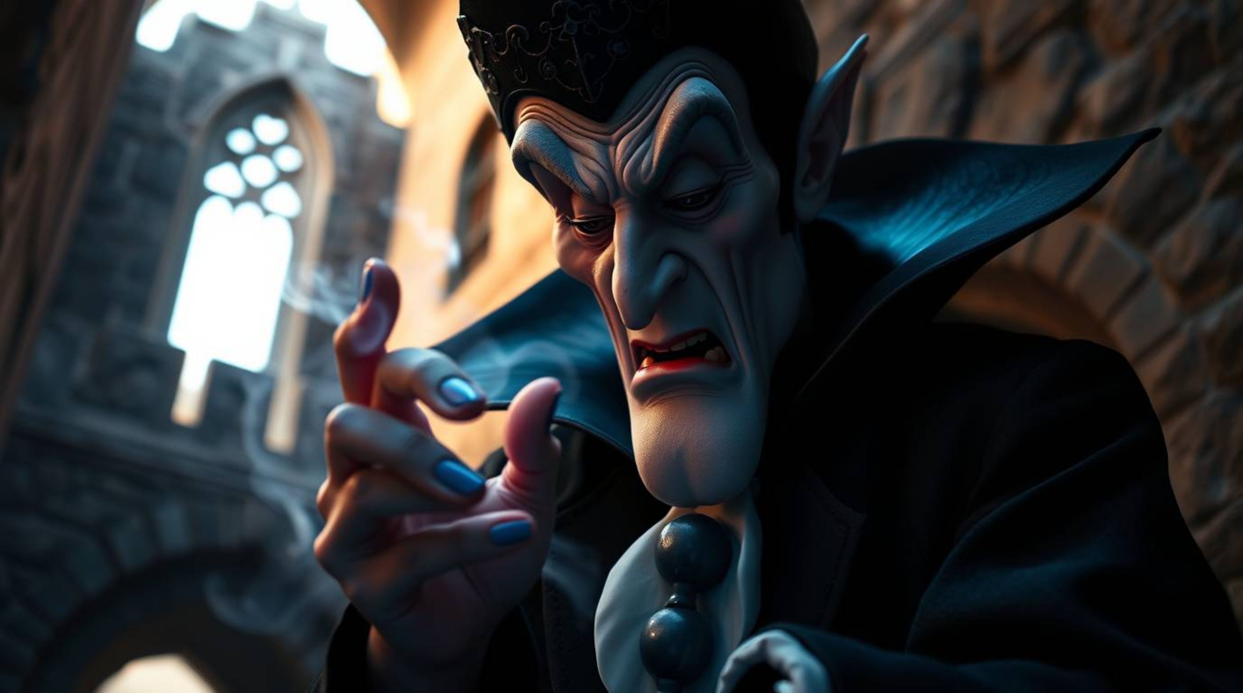 A captivating extreme macro photograph showcases a classic Disney villain casting a spell within the aged walls of a stone ca
