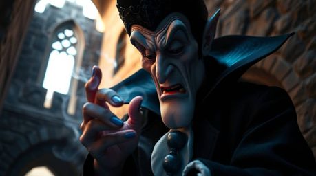 A captivating extreme macro photograph showcases a classic Disney villain casting a spell within the aged walls of a stone ca