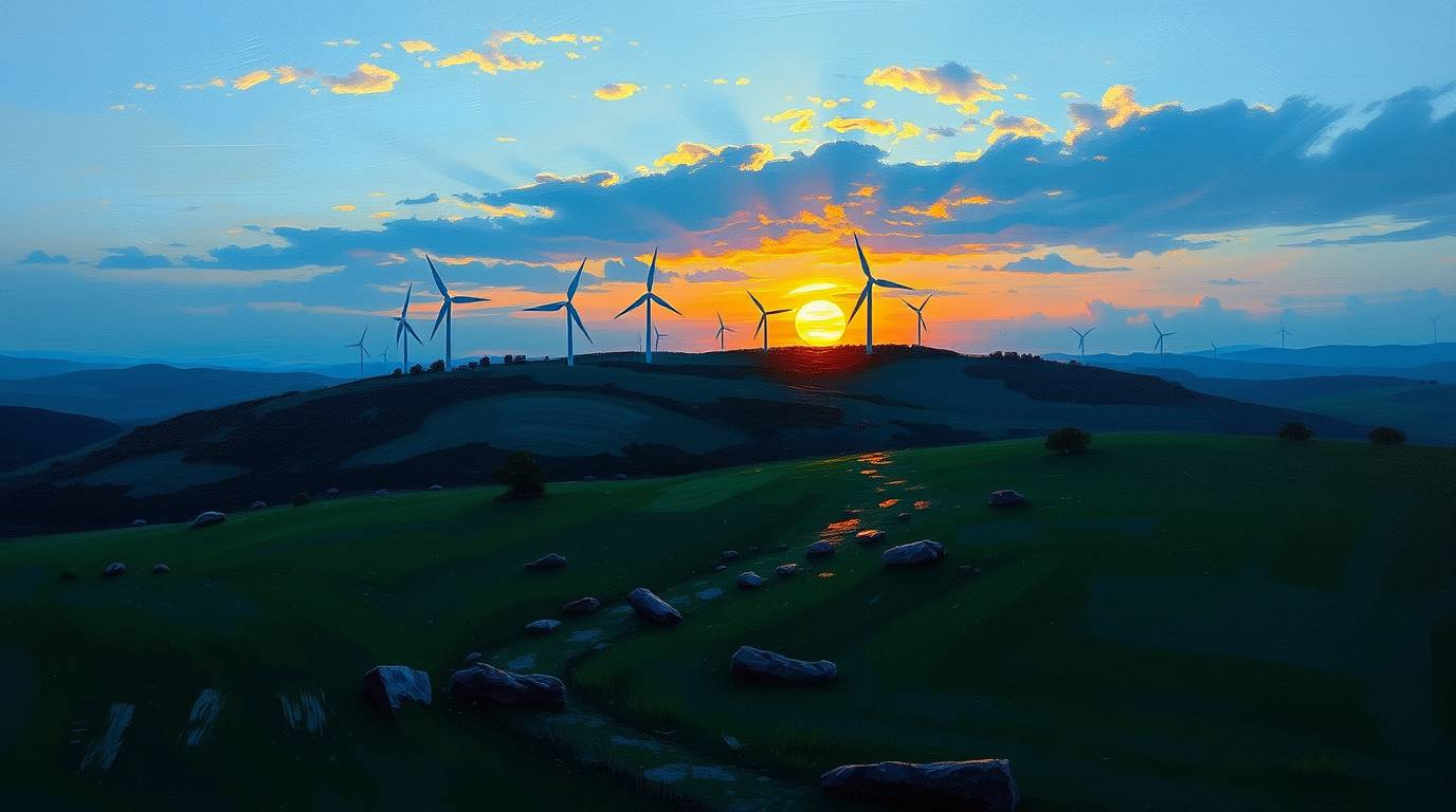 A captivating classic oil painting depicting a cool-toned sunset behind a row of wind turbines perched on a hill. The artwork