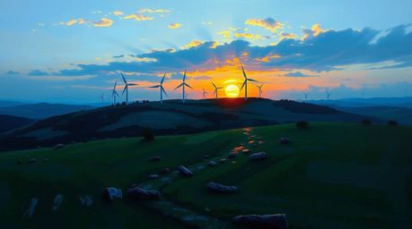 A captivating classic oil painting depicting a cool-toned sunset behind a row of wind turbines perched on a hill. The artwork