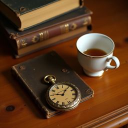 A honey-brown wooden table, marked with scratches and subtle grain, showcases vintage leather-bound books, an engraved antiqu