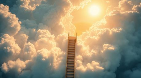 An overhead shot captures a breathtaking golden staircase ascending through ethereal clouds towards a radiant heaven.  Sun ra