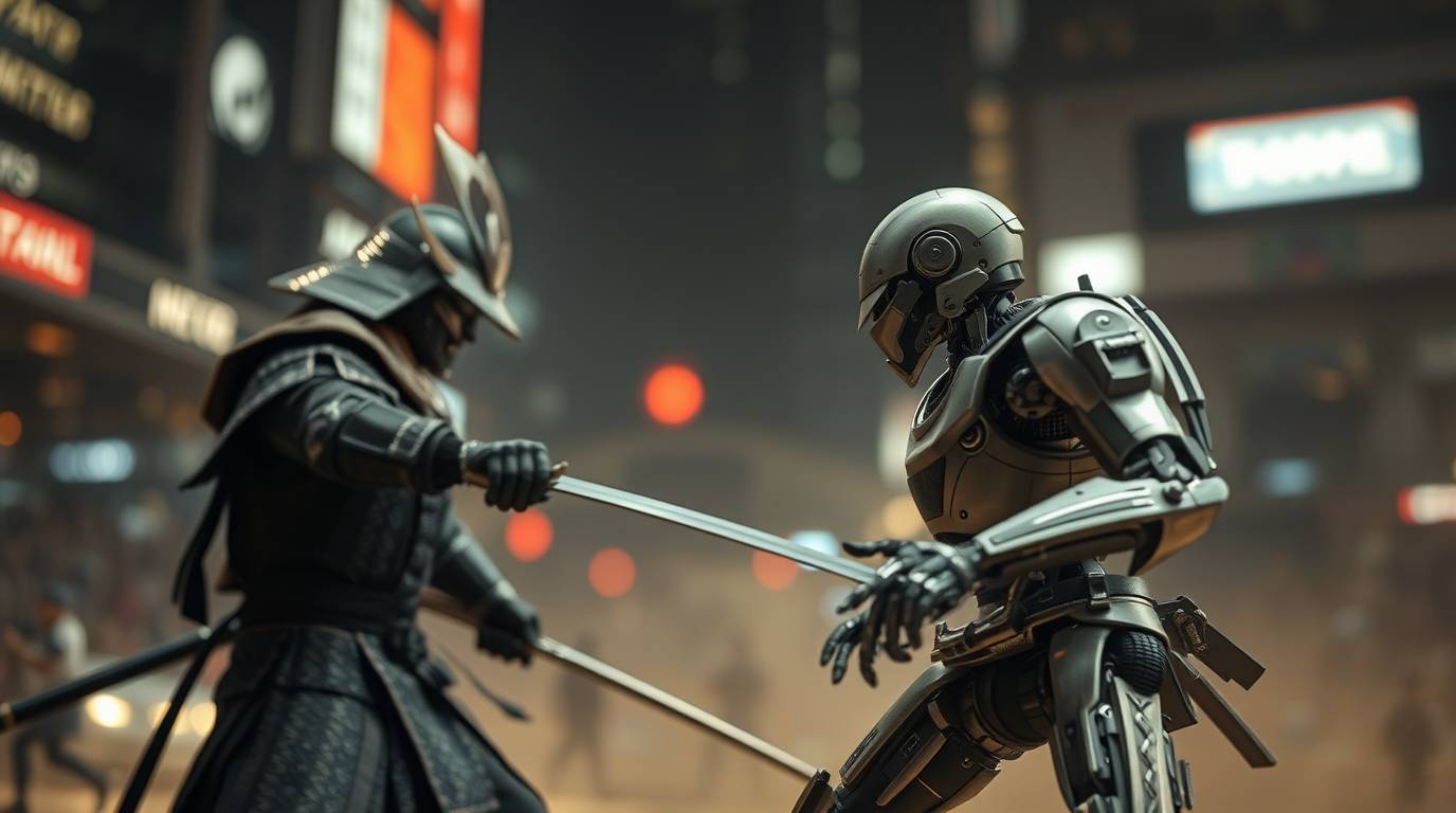 A visually striking image depicting a sharp samurai battling a robot in a dystopian world. The image utilizes a blurred bokeh