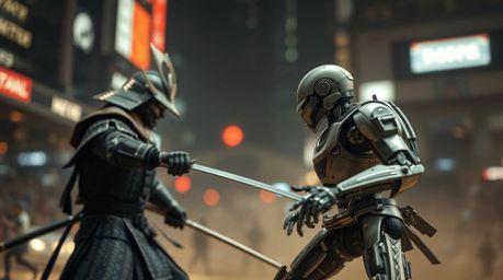 A visually striking image depicting a sharp samurai battling a robot in a dystopian world. The image utilizes a blurred bokeh