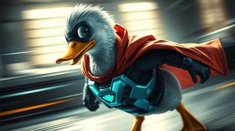 Explore a dynamic and futuristic image of a duck donning a superhero costume, rendered in a vibrant sci-fi style. This captiv