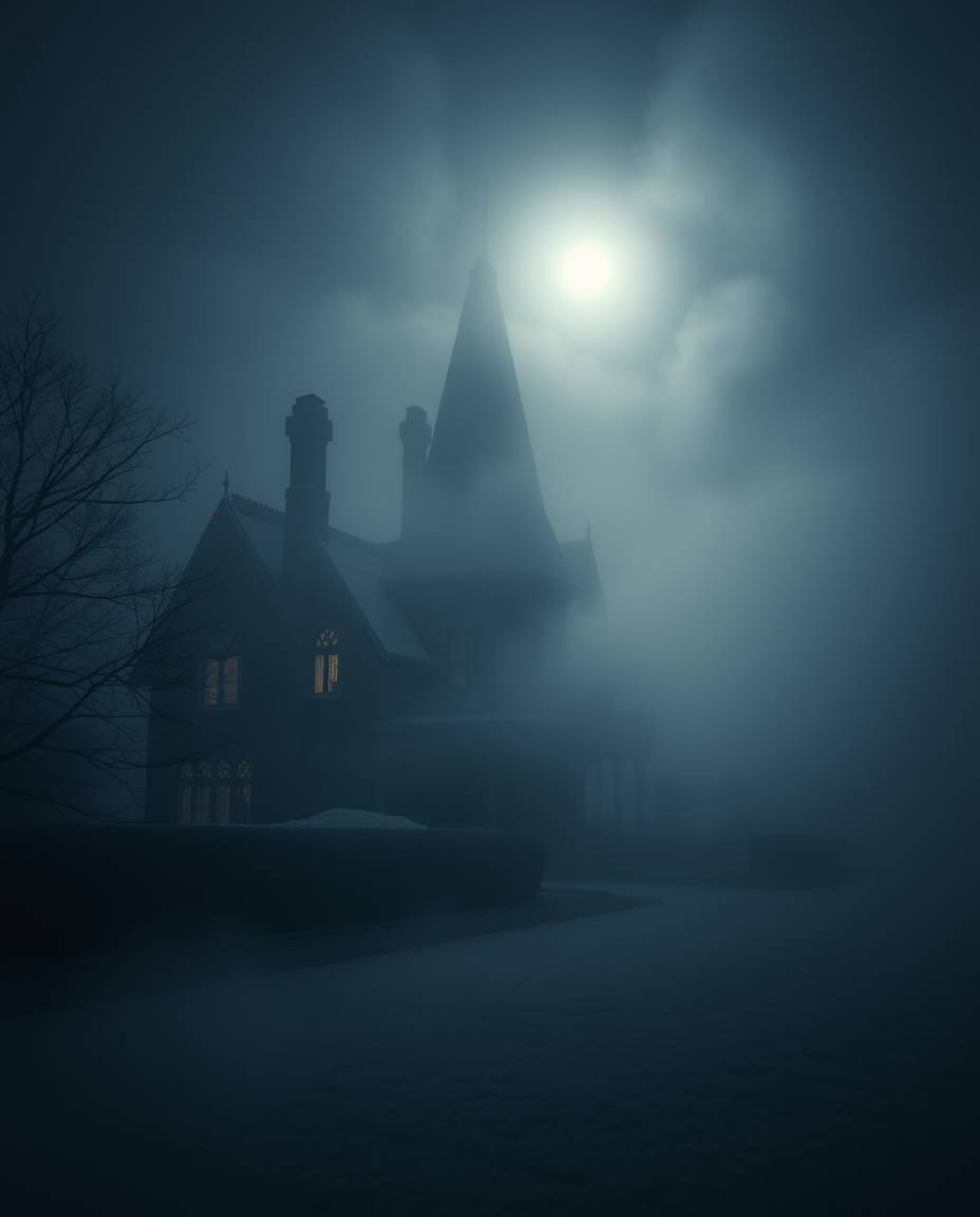 Experience the eerie beauty of a fog-covered Victorian mansion under the soft glow of moonlight. This extreme macro close-up 