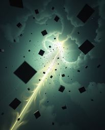 A high-resolution stock photo capturing a surreal storm with flying objects and a sense of broken gravity, taken from a high-