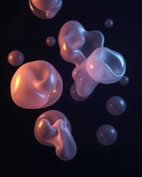 Explore a moody 3D render featuring translucent, fluid organic blobs gracefully floating in space. This abstract artwork show