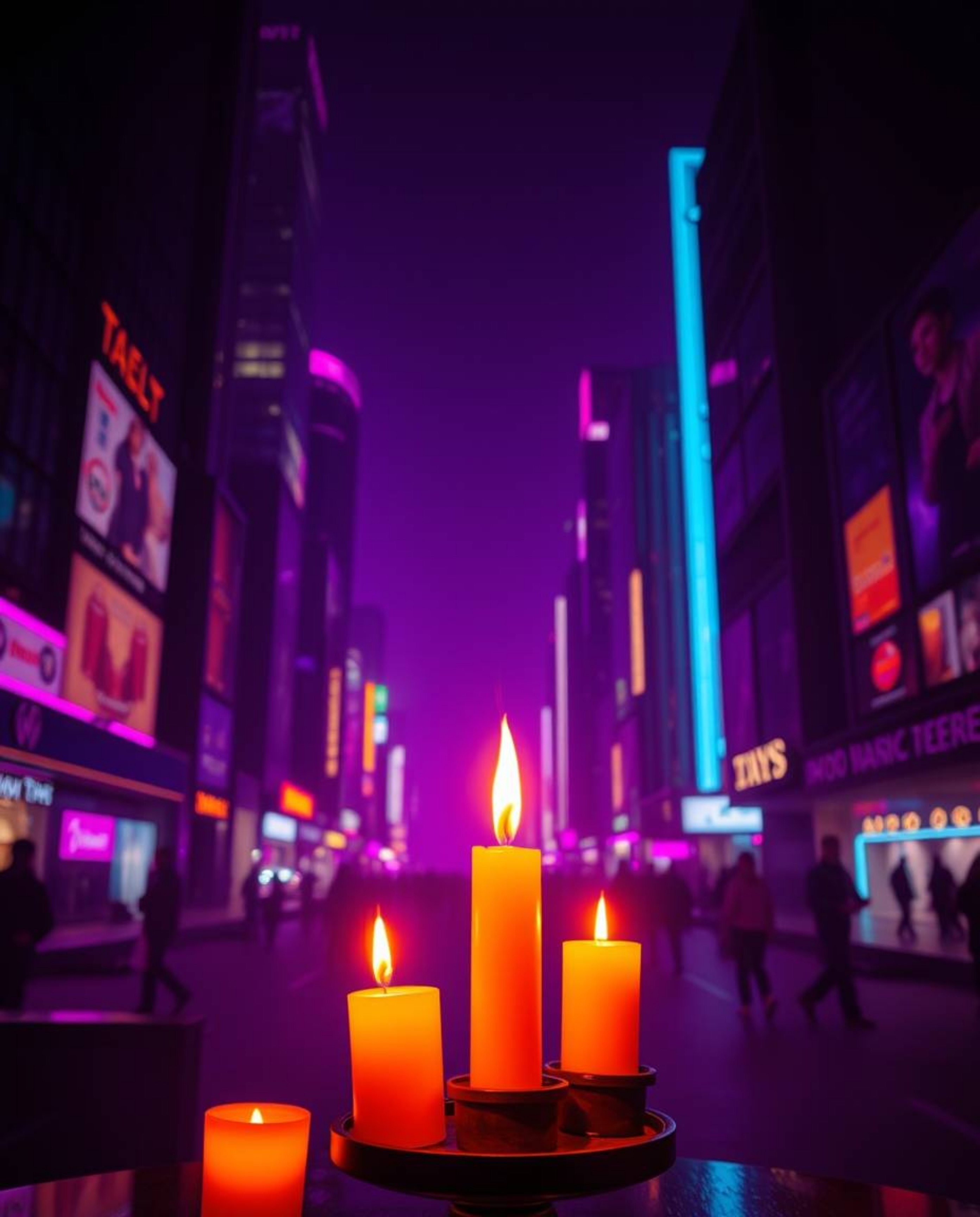 A professional fine art photograph capturing the warm glow of candlelight amidst a futuristic cityscape.  Deep ultraviolet hu