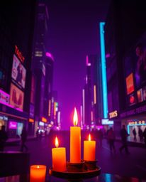 A professional fine art photograph capturing the warm glow of candlelight amidst a futuristic cityscape.  Deep ultraviolet hu