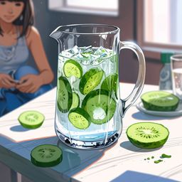 A visually appealing and refreshing image showcasing a crystal-clear pitcher of water infused with fresh mint leaves and cris