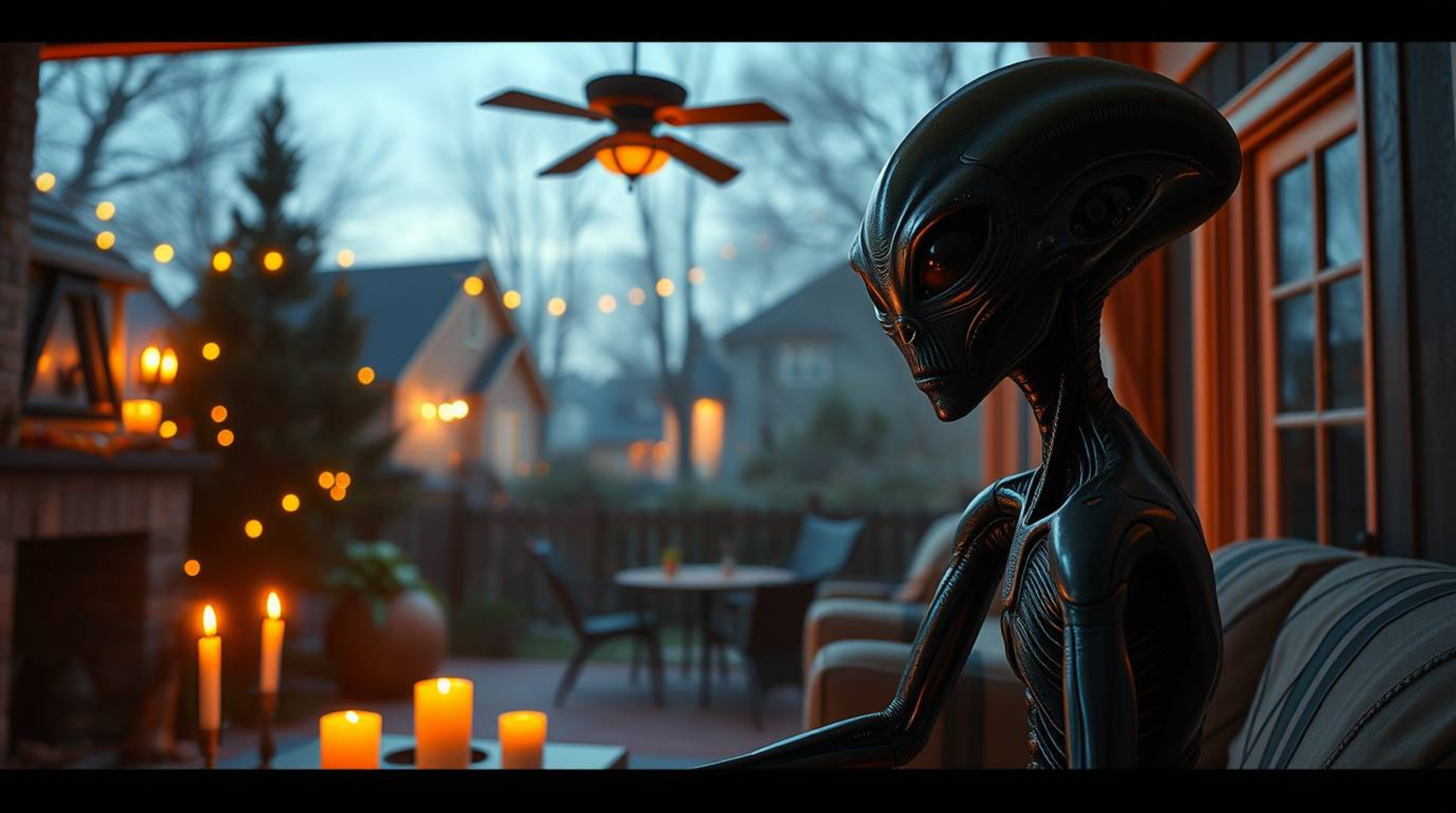 A captivating image depicting an alien inhabiting a cozy suburban house, bathed in warm candlelight.  The scene blends futuri
