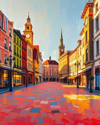 This bold acrylic painting depicts an empty town square illuminated by the warm, golden light of either sunrise or sunset. Th