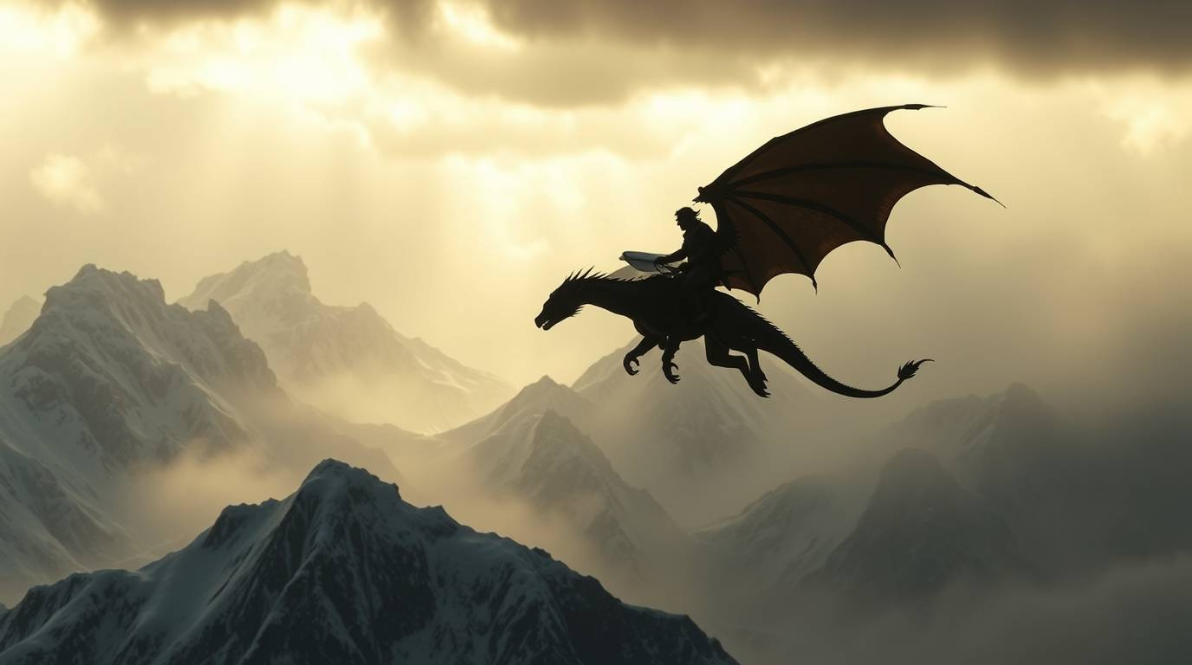 A breathtaking fine art photograph depicts a dragon and its rider soaring above majestic icy mountains amidst a dramatic stor