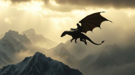 A breathtaking fine art photograph depicts a dragon and its rider soaring above majestic icy mountains amidst a dramatic stor