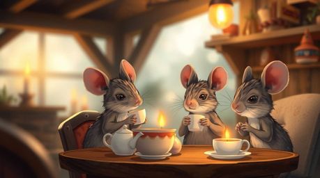Experience a charming illustration of anthropomorphic mice enjoying a delightful tea party within the cozy confines of a cott
