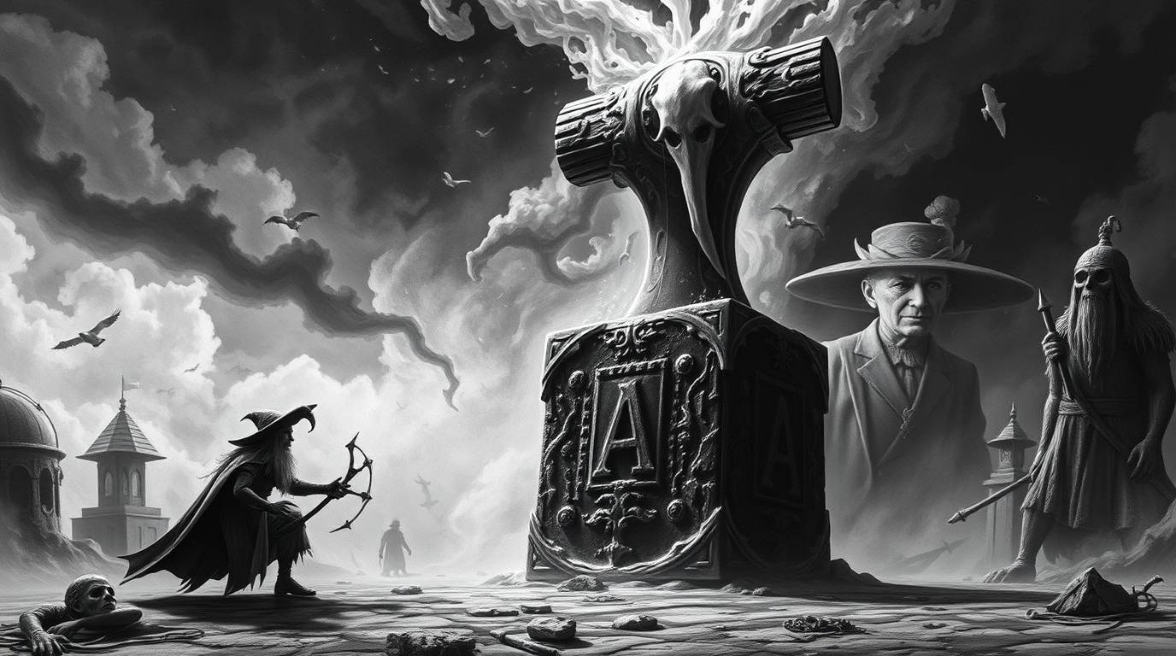 A classic black and white surreal image featuring an anvil about to drop on a trickster character, blending fantastical eleme