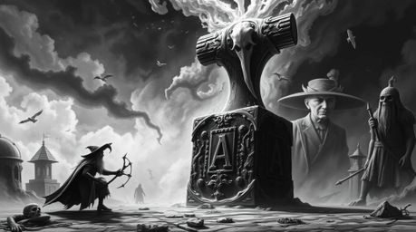 A classic black and white surreal image featuring an anvil about to drop on a trickster character, blending fantastical eleme