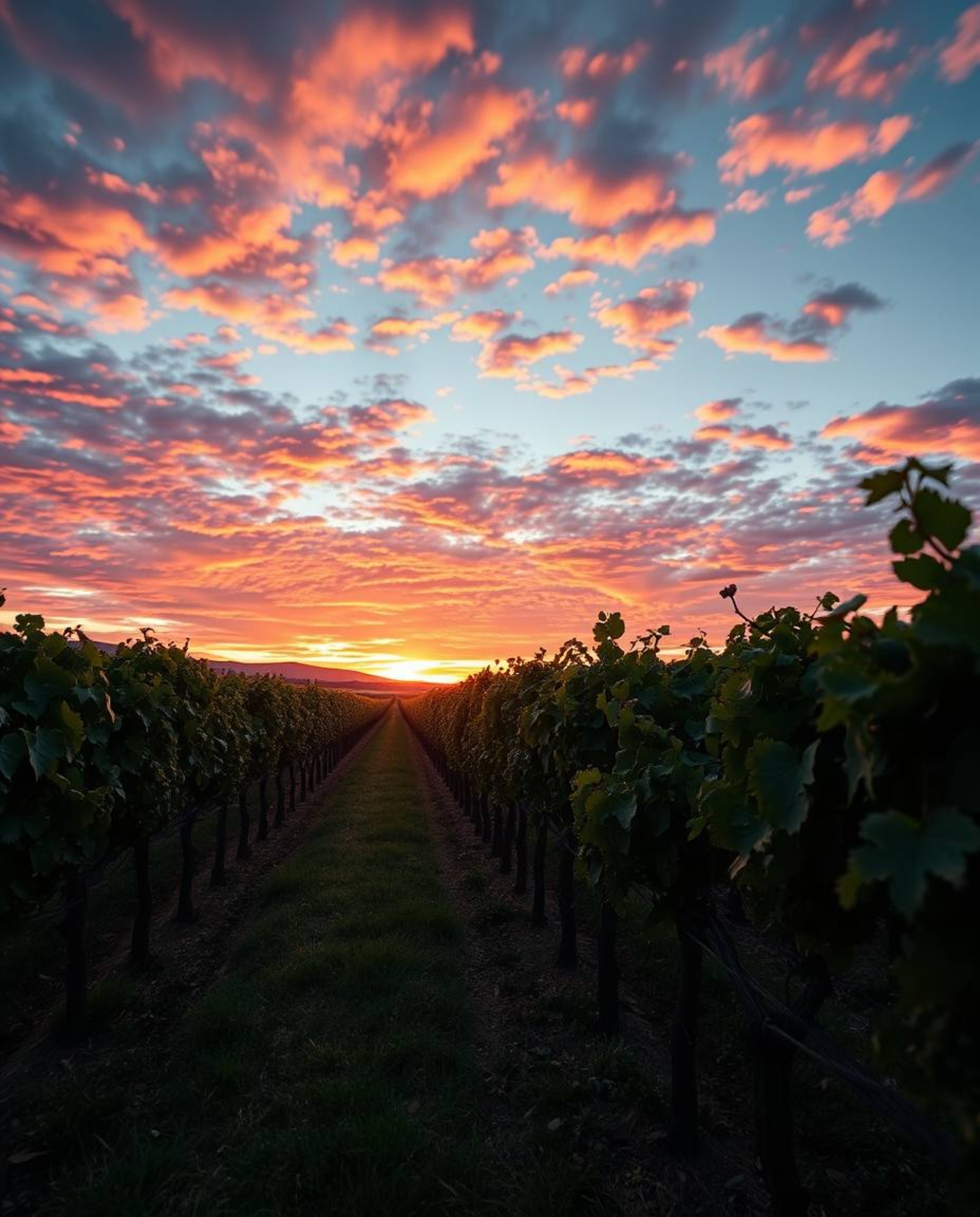 An extreme macro close-up showcases a luxurious and vibrant sunset over a vineyard with rows of grapevines. This stunning ima