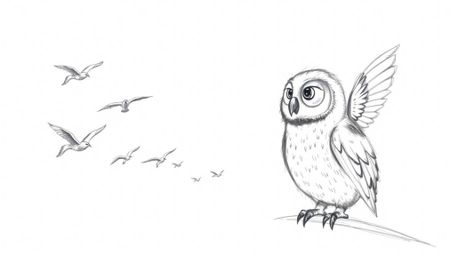 A heartwarming hand-drawn pencil sketch depicts a blind owl, rendered in a charming Pixar-esque style, instructing a class of