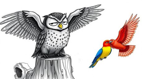 A heartwarming, Pixar-style hand-drawn sketch depicts a gentle, blind owl with a peaceful smile perched on a rough tree stump