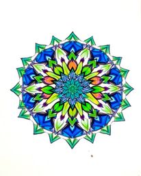 A captivating hand-drawn sketch of a geometric floral mandala bursts with vibrant blues, greens, and purples.  The symmetrica