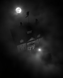 This striking black and white overhead shot captures a fog-covered Victorian mansion bathed in moonlight, presenting a timele