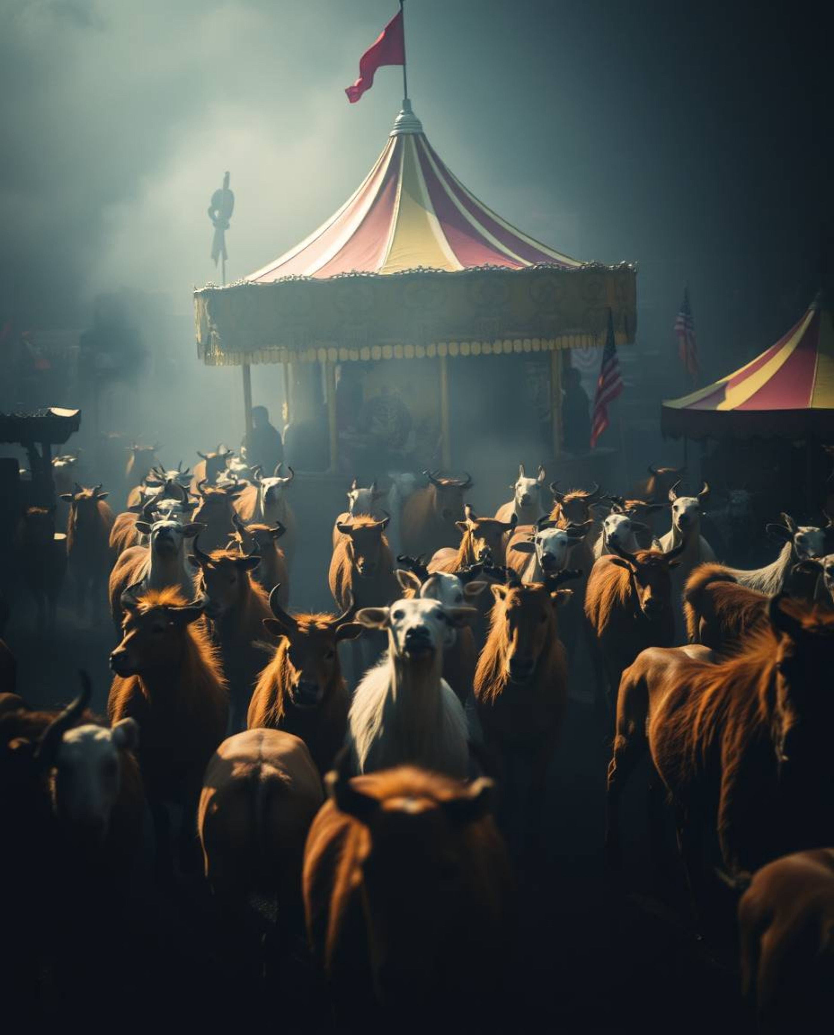 Experience a surreal carnival scene overrun by wild animals, rendered with a distinct split composition and subtle illuminati